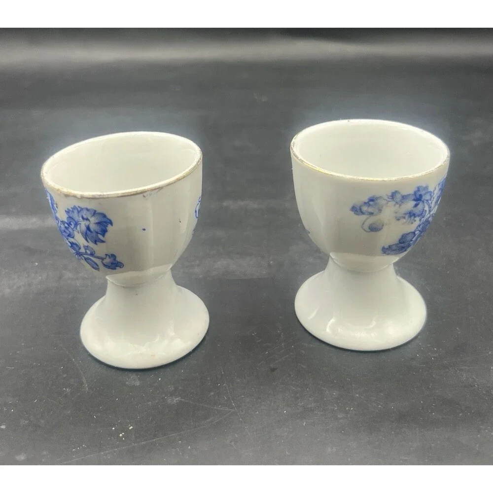 Vintage Blue White Porcelain Egg Cups Set of 2 Floral Transferware Gold Trim